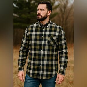 Key Flannel Shirt XL Tall Green Black White Plaid Button Up Workwear Outdoors